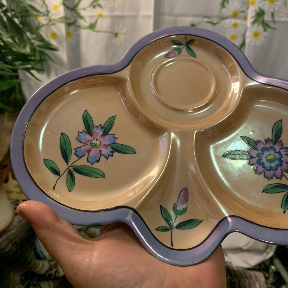 Hand painted purple peach floral luster ware tray - Picture 2 of 5